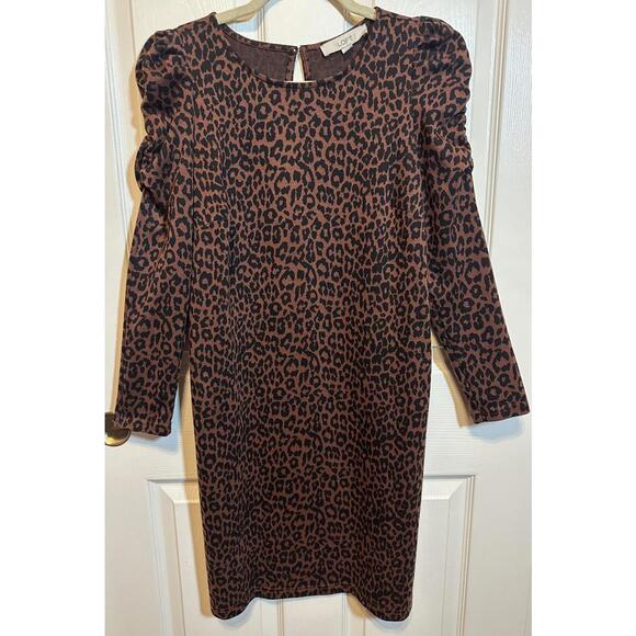 LOFT Brown Leopard Print Long Puff Sleeve Dress Size Small - Picture 2 of 8